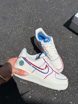 Custom Hand Painted Red Blue Rhinestone Air Force 1 Sneakers - view 2