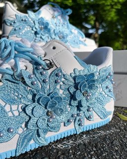 Handmade Blue Floral Pearl Custom Air Force 1 Sneakers - view 3