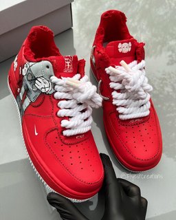 Hand Painted Red KAWS Custom Air Force 1 Sneakers - view 3