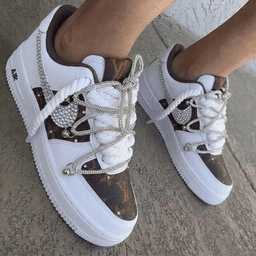 Brown Monogram Print Rhinestones Thick Laces Custom Air Force 1 LV inspired Sneakers