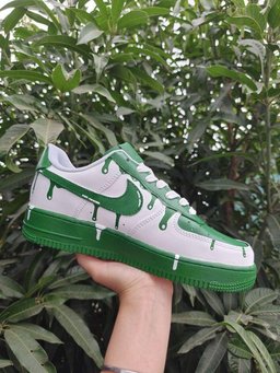 Unique Hand Painted Dark Green Drip Effect Custom Air Force 1 Custom Sneakers Unisex White Green Casual Streetwear Fashion Shoes for Men & Women - view 2
