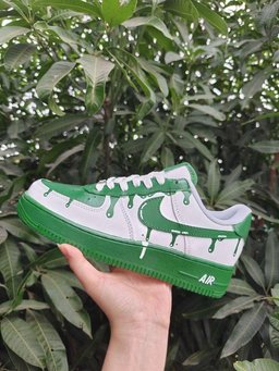 Unique Hand Painted Dark Green Drip Effect Custom Air Force 1 Custom Sneakers Unisex White Green Casual Streetwear Fashion Shoes for Men & Women - view 3
