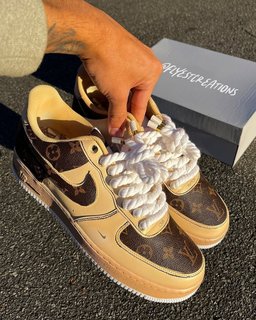 Custom Hand Painted Beige Monogram Air Force 1 Sneakers - view 5