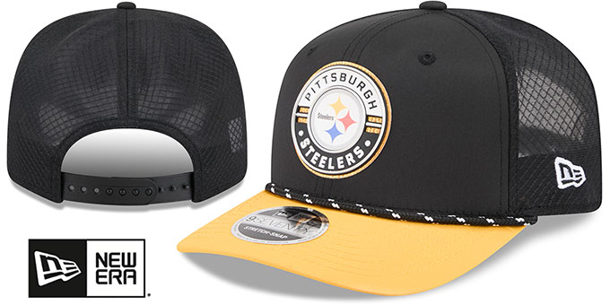 Pittsburgh Steelers Rope 2T Game Meshback Stretch Snap Black Gold New Era hat – front and back