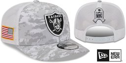 Las Vegas Raiders 2025 Salute to Service Trucker Snapback Snow White Digital New Era hat – front and back