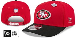 San Francisco 49ers 2026 Pre-Curved NFL Draft Stretch Snap Red Black New Era hat – front and back