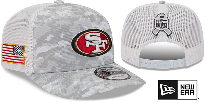 San Francisco 49ers 2025 Salute to Service Trucker Snapback Snow White Digital New Era hat – front and back