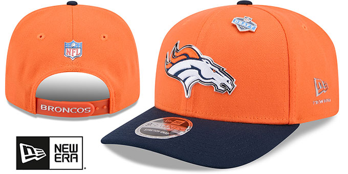 Denver Broncos 2026 Pre-Curved NFL Draft Stretch Snap Orange Navy New Era hat – front and back