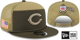 Chicago Bears 2025 Salute to Service Snapback Dark Green Olive New Era hat – front and back