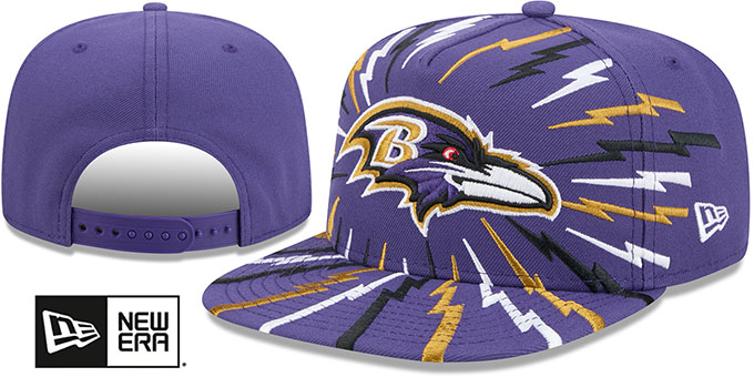 Baltimore Ravens Bolt A-Frame Snapback Purple New Era hat – front and back