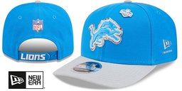 Detroit Lions 2026 Pre-Curved NFL Draft Stretch Snap Blue Grey New Era hat – front and back
