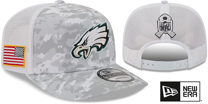 Philadelphia Eagles 2025 Salute to Service Trucker Snapback Snow White Digital New Era hat – front and back
