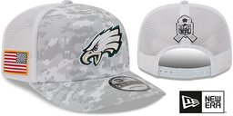 Philadelphia Eagles 2025 Salute to Service Trucker Snapback Snow White Digital New Era hat – front and back