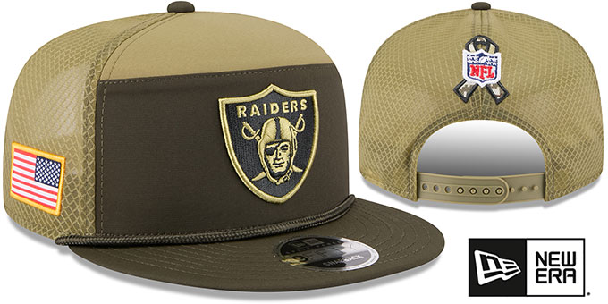 Las Vegas Raiders 2025 Salute to Service Snapback Dark Green Olive New Era hat – front and back
