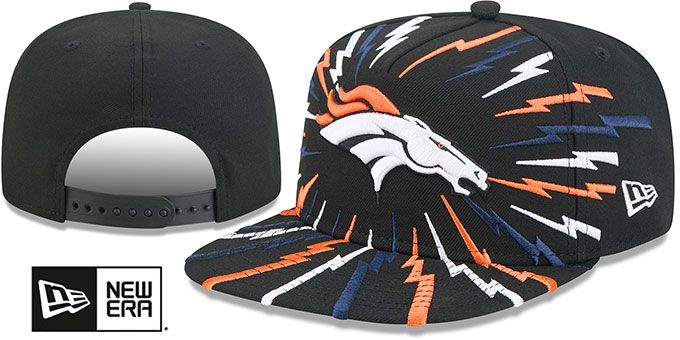 Denver Broncos Bolt A-Frame Snapback Black New Era hat – front and back