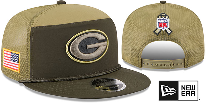 Green Bay Packers 2025 Salute to Service Snapback Dark Green Olive New Era hat – front and back