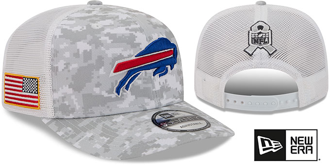 Buffalo Bills 2025 Salute to Service Trucker Snapback Snow White Digital New Era hat – front and back