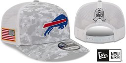 Buffalo Bills 2025 Salute to Service Trucker Snapback Snow White Digital New Era hat – front and back