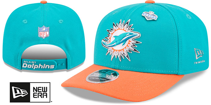 Miami Dolphins 2026 Pre-Curved NFL Draft Stretch Snap Aqua Orange New Era hat – front and back