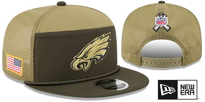 Philadelphia Eagles 2025 Salute to Service Snapback Dark Green Olive New Era hat – front and back