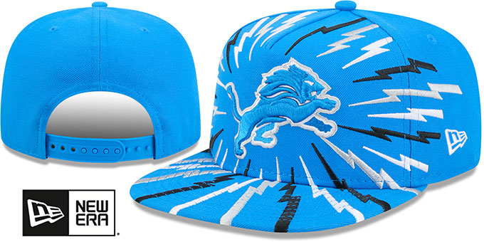Detroit Lions Bolt A-Frame Snapback Blue New Era hat – front and back