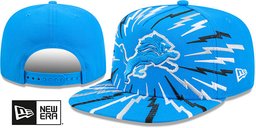 Detroit Lions Bolt A-Frame Snapback Blue New Era hat – front and back