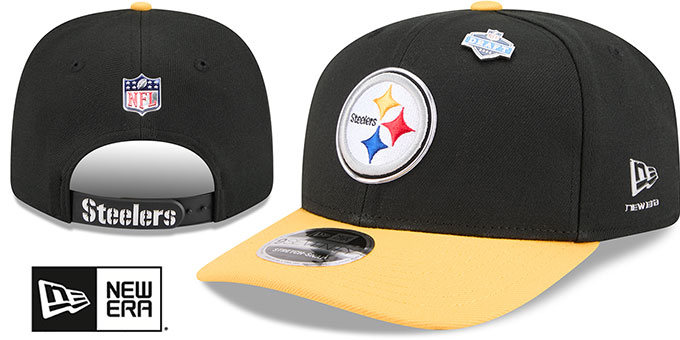 Pittsburgh Steelers 2026 Pre-Curved NFL Draft Stretch Snap Black Gold New Era hat – front and back