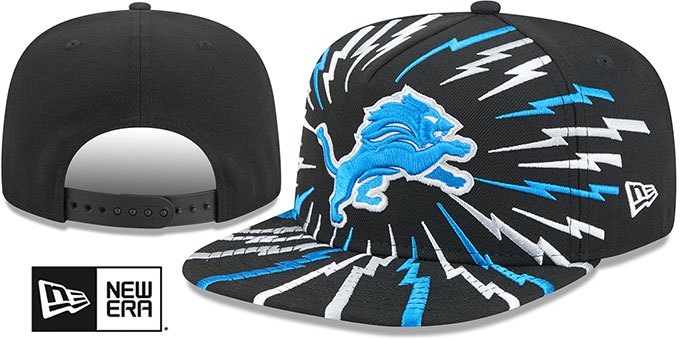 Detroit Lions Bolt A-Frame Snapback Black New Era hat – front and back