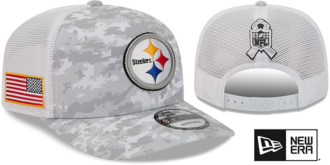 Pittsburgh Steelers 2025 Salute to Service Trucker Snapback Snow White Digital New Era hat – front and back