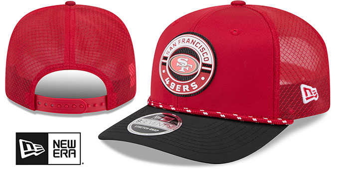 San Francisco 49ers Rope 2T Game Meshback Stretch Snap Red Black New Era hat – front and back