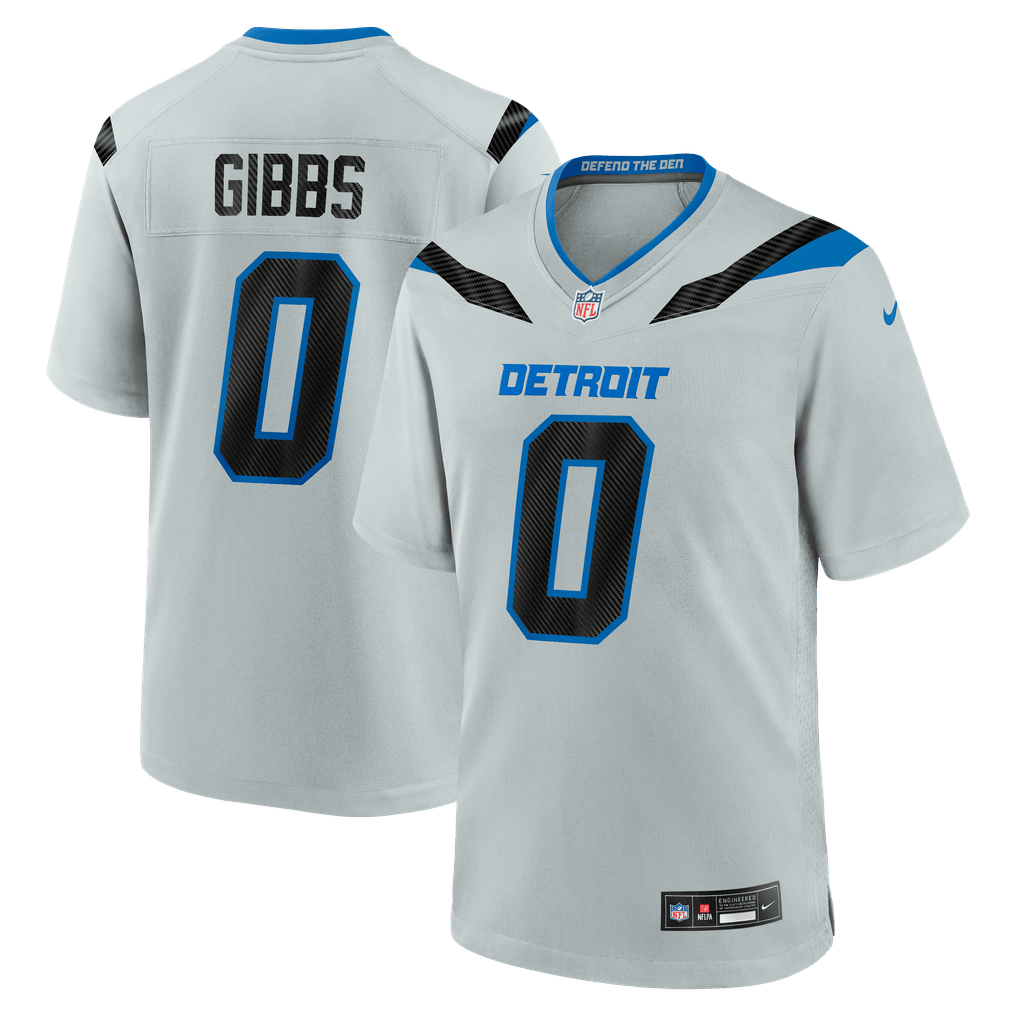 Jahmyr Gibbs #0 Detroit Lions 2026 Rivalries Premium Football Jersey – Silver front product view
