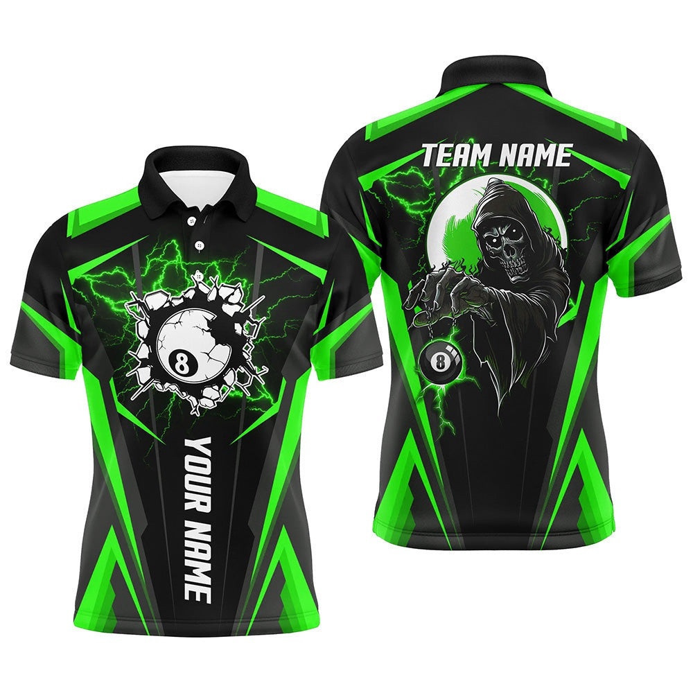 Green Billiard Grim Reaper Polo Shirts, Custom Team League Billiard Polo Shirts, Personalized Billiard Polo Shirt