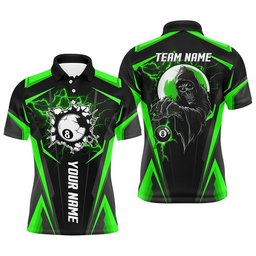 Green Billiard Grim Reaper Polo Shirts, Custom Team League Billiard Polo Shirts, Personalized Billiard Polo Shirt
