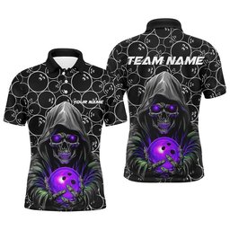 Custom Bowlers Outfits Skull Purple Bowling Polo Shirts Men Bowling League Team Polo Shirt, Personalized Bowling Team Shirt