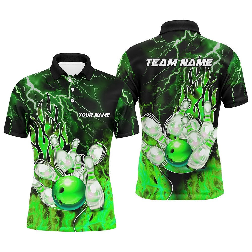Men Bowling Polo Shirt Custom Green Lightning Thunder Bowling Team Polo Shirt, Gift For Team Bowlers, Personalized Bowling Team Shirt