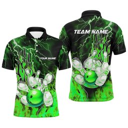 Men Bowling Polo Shirt Custom Green Lightning Thunder Bowling Team Polo Shirt, Gift For Team Bowlers, Personalized Bowling Team Shirt