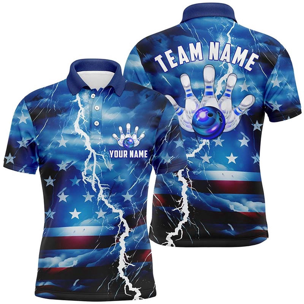 Custom Blue Thunder Bowling Polo Shirts For Men, Us Flag Patriotic Bowling League Shirts, Personalized Bowling Team Shirt