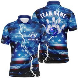 Custom Blue Thunder Bowling Polo Shirts For Men, Us Flag Patriotic Bowling League Shirts, Personalized Bowling Team Shirt