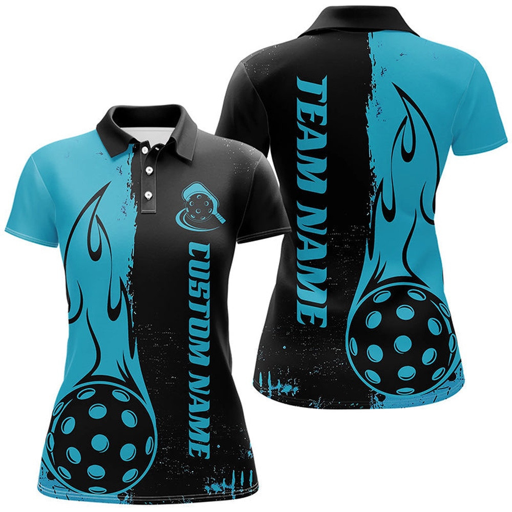 Black And Blue Custom Flame Ladies Pickleball Shirts, Pickleball Team Shirt Outfit, Pickleball Polo Shirts