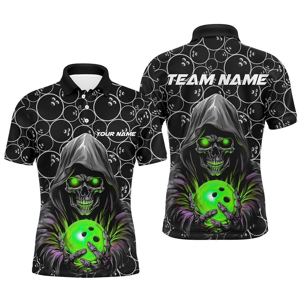 Custom Bowlers Outfits Skull Green Bowling Polo Shirts Men Bowling League Team Polo Shirt, Personalized Bowling Team Shirt