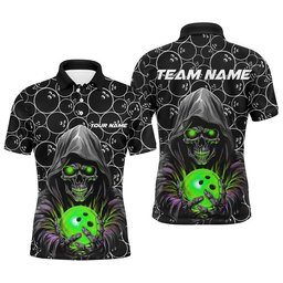 Custom Bowlers Outfits Skull Green Bowling Polo Shirts Men Bowling League Team Polo Shirt, Personalized Bowling Team Shirt