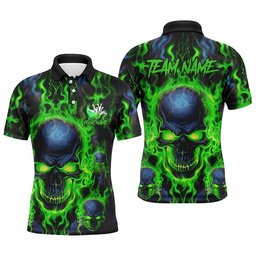 Custom Bowling Polo Shirts Men Green Flame Skull Team Bowling Polo Shirt Halloween Bowler Outfits, Personalized Bowling Team Shirt