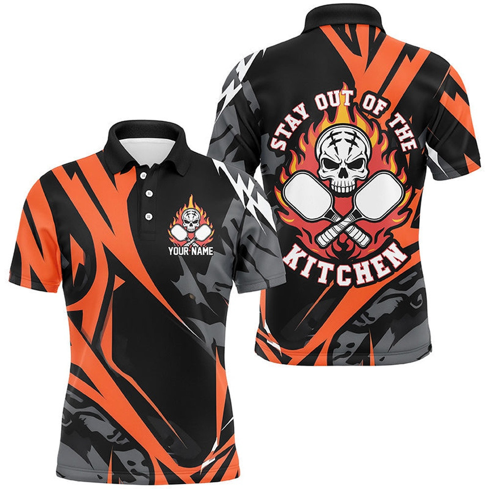 Custom Flame Skull Pickleball Polo Shirts For Men Sayings Stay Out Of The Kitchen, Pickleball Polo Shirts