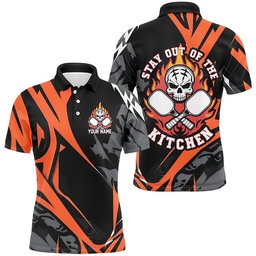 Custom Flame Skull Pickleball Polo Shirts For Men Sayings Stay Out Of The Kitchen, Pickleball Polo Shirts