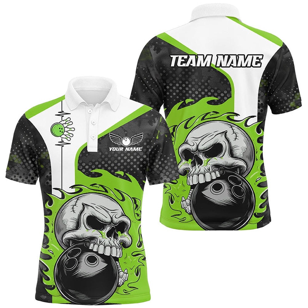 Custom Green Flame Skull Bowling Shirts, Bowling Team Polo Shirt For Men Outfit Bowling, Personalized Bowling Team Shirt