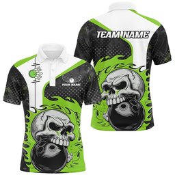 Custom Green Flame Skull Bowling Shirts, Bowling Team Polo Shirt For Men Outfit Bowling, Personalized Bowling Team Shirt