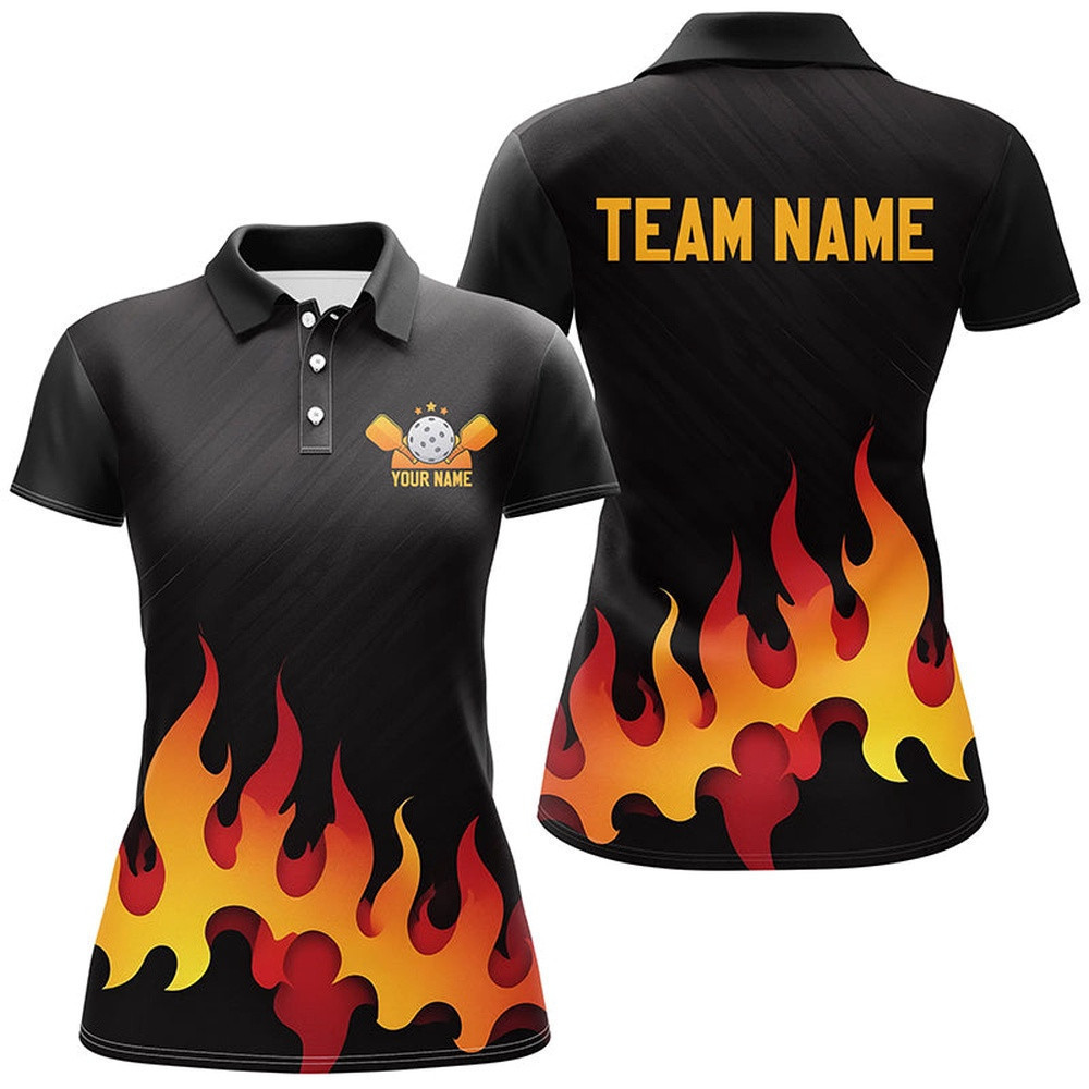 Custom Flame Pickleball Polo Shirts, Women's Pickleball Clothing, Pickleball Polo Shirts