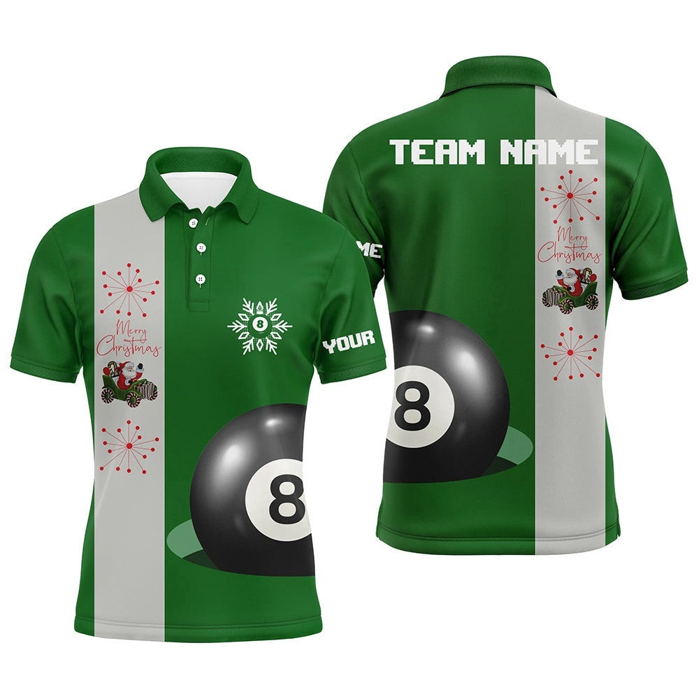 Custom Green Merry Christmas 8 Ball Billiard Polo Shirts Best Christmas Gifts For Player, Personalized Billiard Polo Shirt