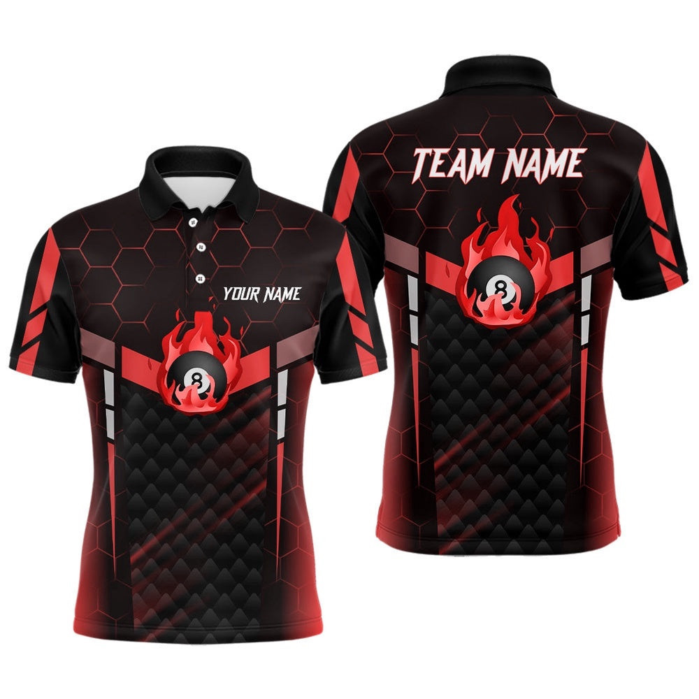 Red Fire 8 Ball Billiard 3D Polo Shirts, Custom 8 Ball Pool Team Polo, Personalized Billiard Polo Shirt