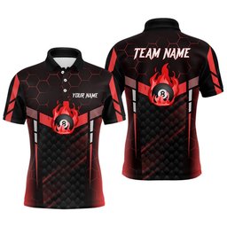 Red Fire 8 Ball Billiard 3D Polo Shirts, Custom 8 Ball Pool Team Polo, Personalized Billiard Polo Shirt